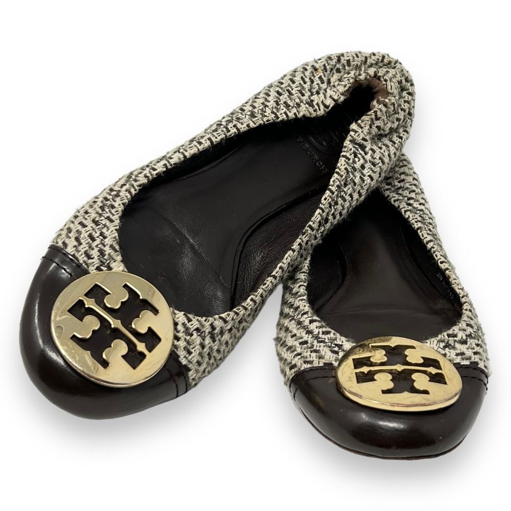 Tory Burch Serena II Tweed Brown Coconut Patent Leather Cap Toe Ballet Flats 7